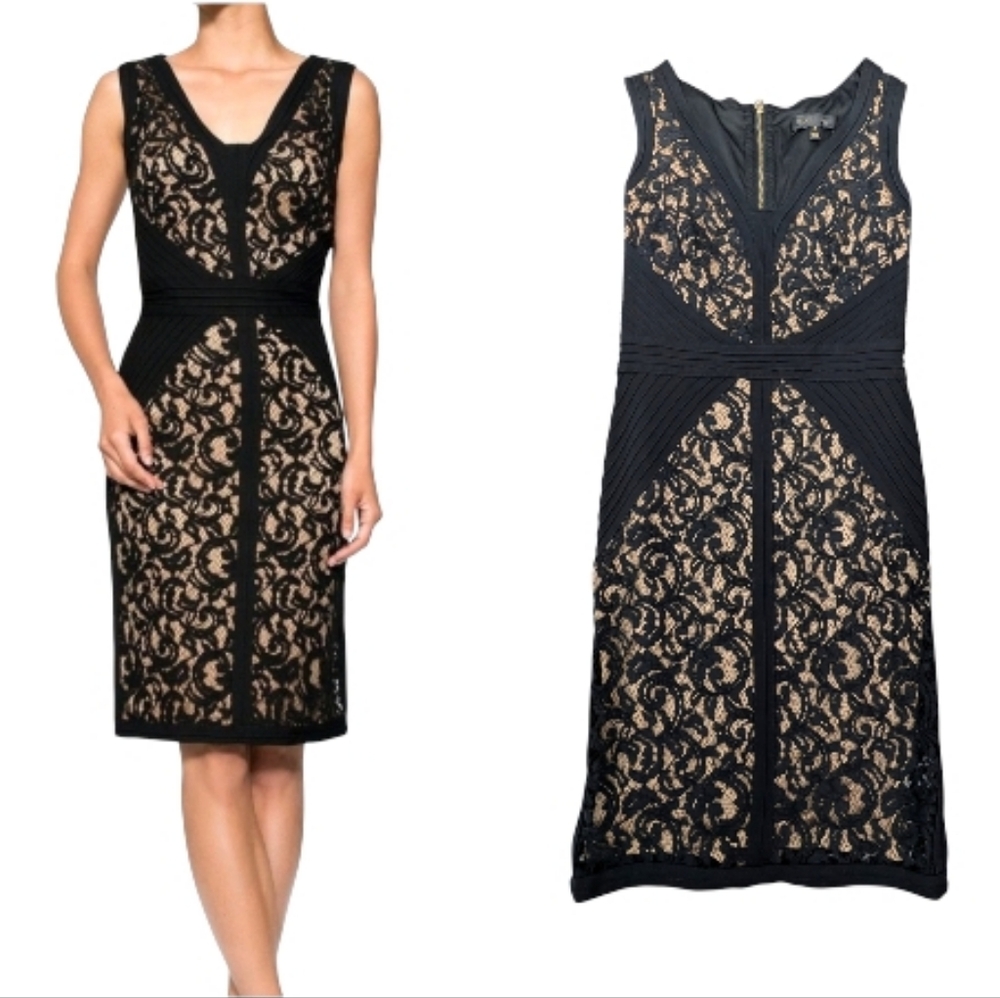 Tadashi Shoji Black Nude Lace Pintuck Pleat Jersey Piping Sheath Dress Formal 6
